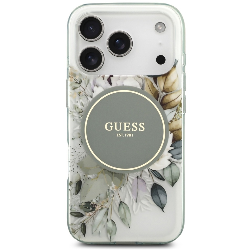 Husa pentru iPhone 17 Pro Max, IML Flowers with Pearl Strap MagSafe, Guess - Verde - 1 | YEO