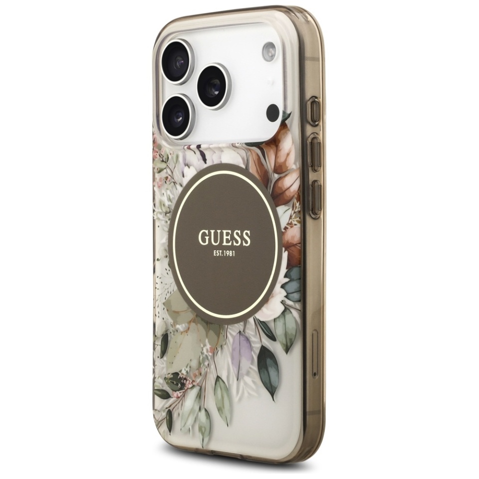Husa pentru iPhone 17 Pro Max, IML Flowers with Pearl Strap MagSafe, Guess - Maro - 5