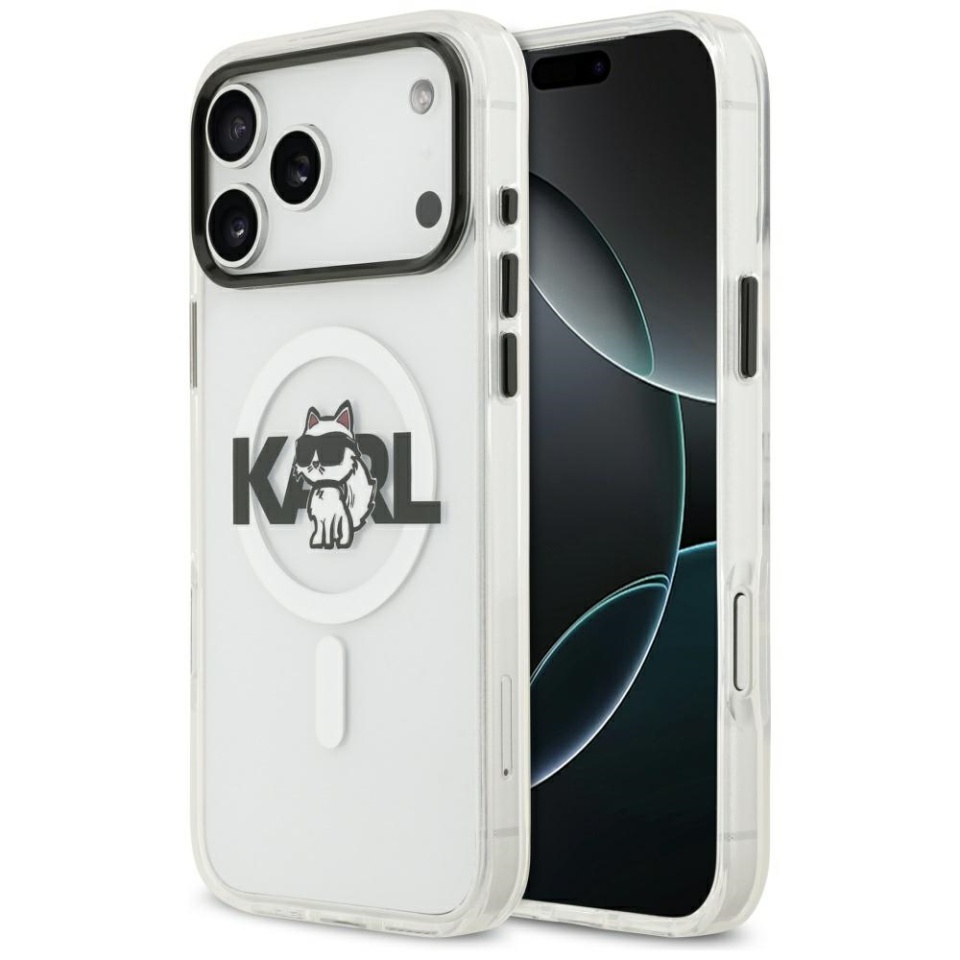 Husa pentru iPhone 17 Pro Max, IML Glitter K&C Heads Logo MagSafe, Clear Mono Karl&Choupette