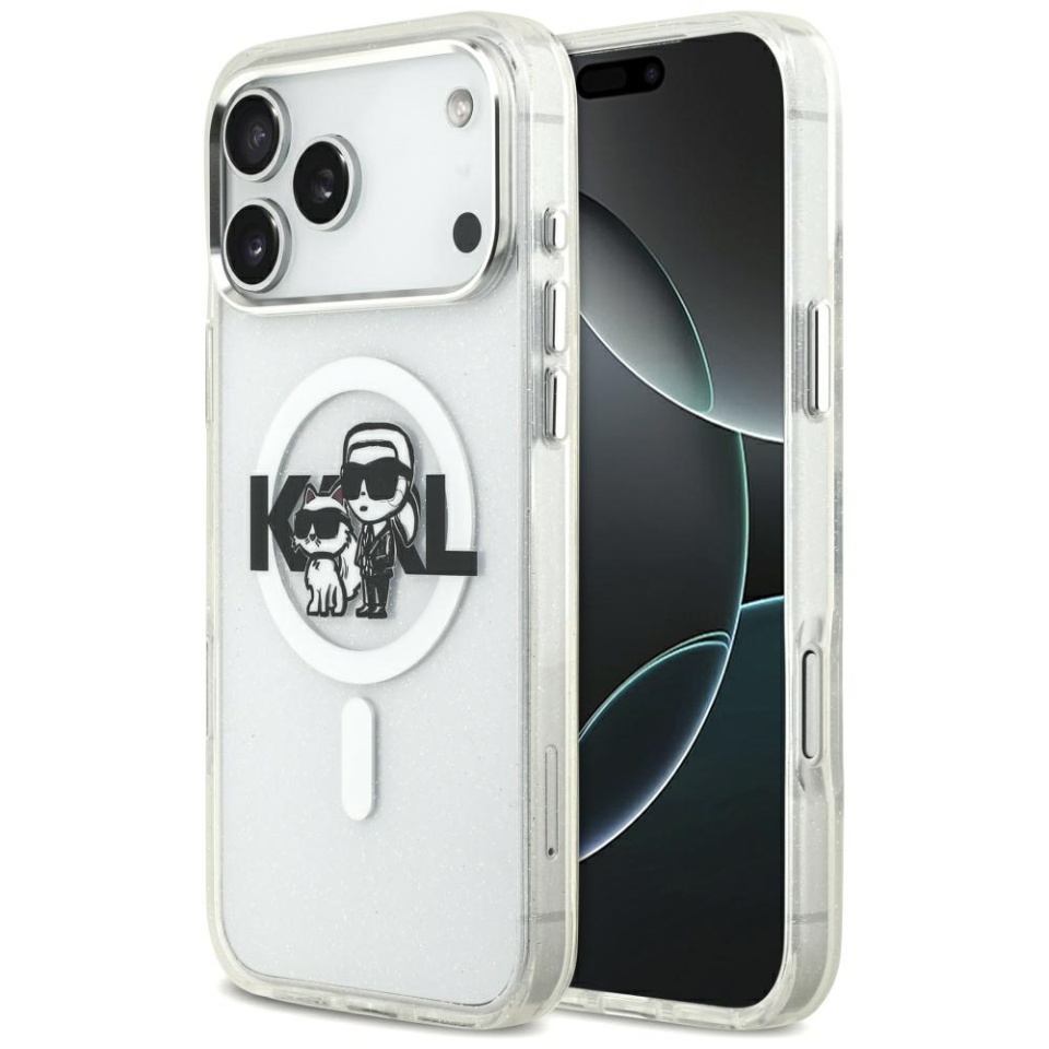 Husa pentru iPhone 17 Pro Max, IML Glitter K&C Heads Logo MagSafe, Clear Mono Karl&Choupette