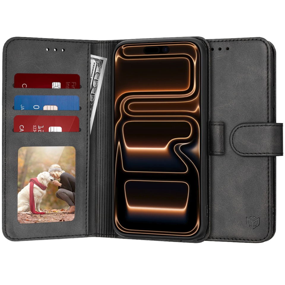 Husa pentru iPhone 17 Pro Max, SKYDDAR INNOVATION, Diary Book, tip carte, cu Portofel Interior, Antisoc, Negru, set cu sticker