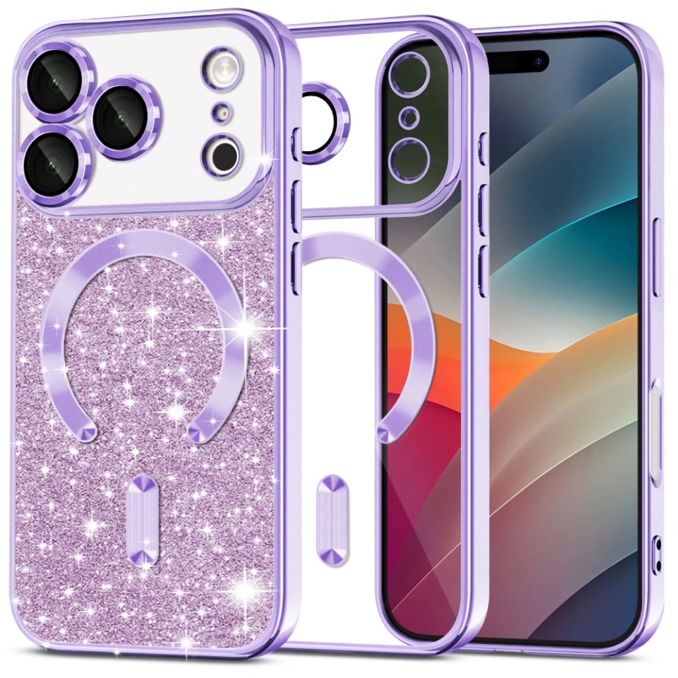 Husa pentru iPhone 17 Pro Max, SKYDDAR INNOVATION, Luxury Glitter Magsafe, Antisoc, Fundal Detasabil 2-in-1, Margini Ridicate, set cu sticker, Mov deschis