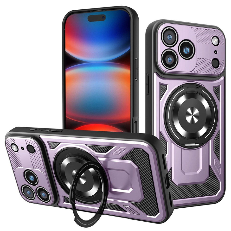 Husa pentru iPhone 17 Pro Max, SKYDDAR INNOVATION, RuggedCam, Inel magnetic antisoc, set cu sticker, Mov