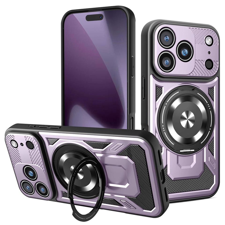 Husa pentru iPhone 17 Pro, SKYDDAR INNOVATION, RuggedCam, Inel magnetic antisoc, set cu sticker, Mov