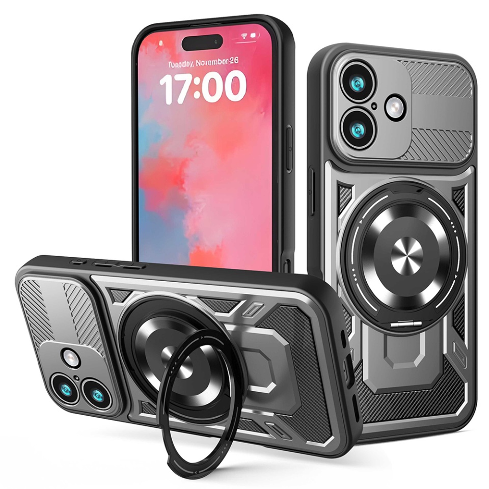Husa pentru iPhone 17, SKYDDAR INNOVATION, RuggedCam, Inel magnetic antisoc, set cu sticker, Gri