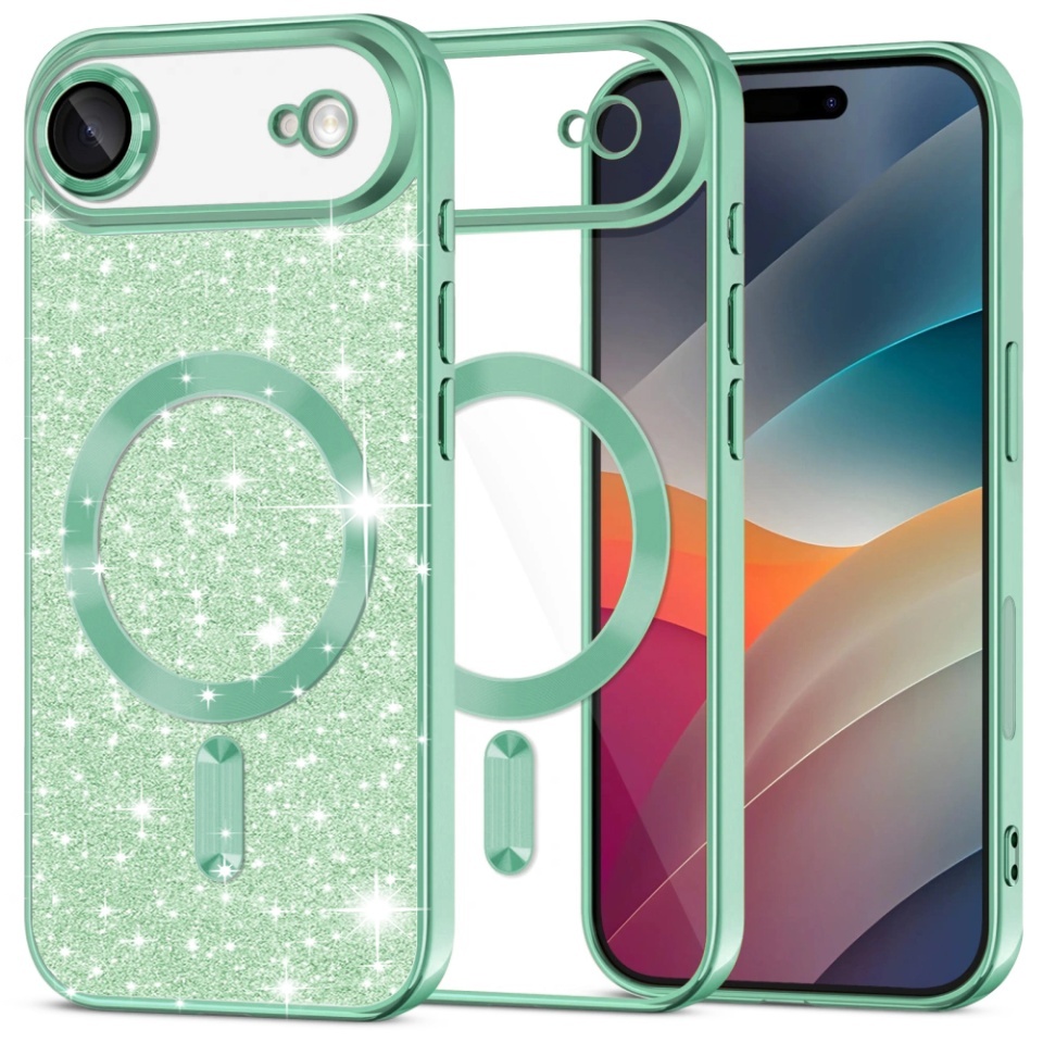 Husa pentru iPhone Air, SKYDDAR INNOVATION, Luxury Glitter Magsafe, Antisoc, Fundal Detasabil 2-in-1, Margini Ridicate, set cu sticker, Verde deschis