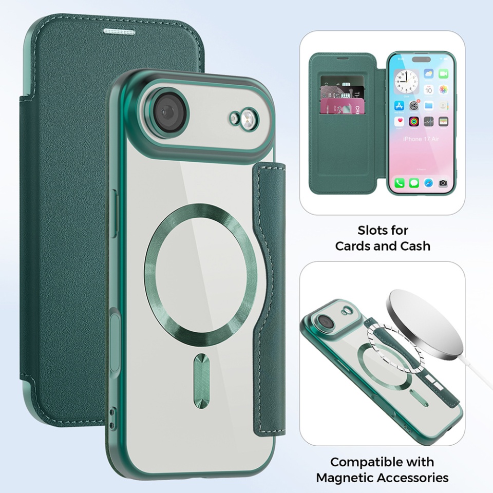 Husa pentru iPhone Air tip carte, SKYDDAR INOVATION, SmartMag Book, Magsafe, RFiD, Suport Carduri, set cu sticker, Verde - 2 | YEO