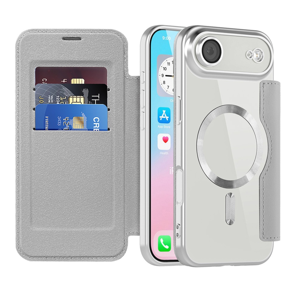 Husa pentru iPhone Air tip carte, SKYDDAR INOVATION, SmartMag Book, Magsafe, RFiD, Suport Carduri, set cu sticker, Gri