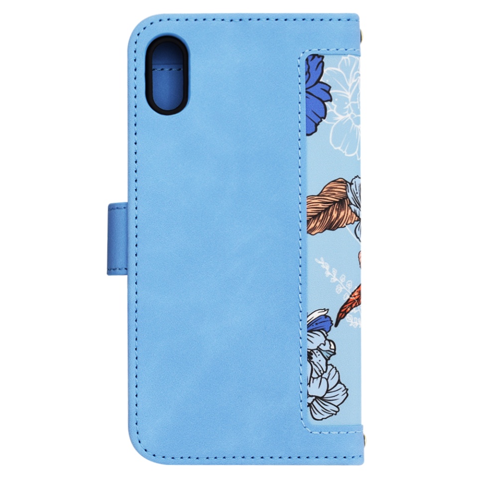Husa pentru iPhone X, iPhone 10 / XS din Piele Ecologică cu Design Floral, Protecție 360°, Stand Integrat, Buzunare pentru Carduri, SKDR Floral Wallet - Bleu - 3 | YEO
