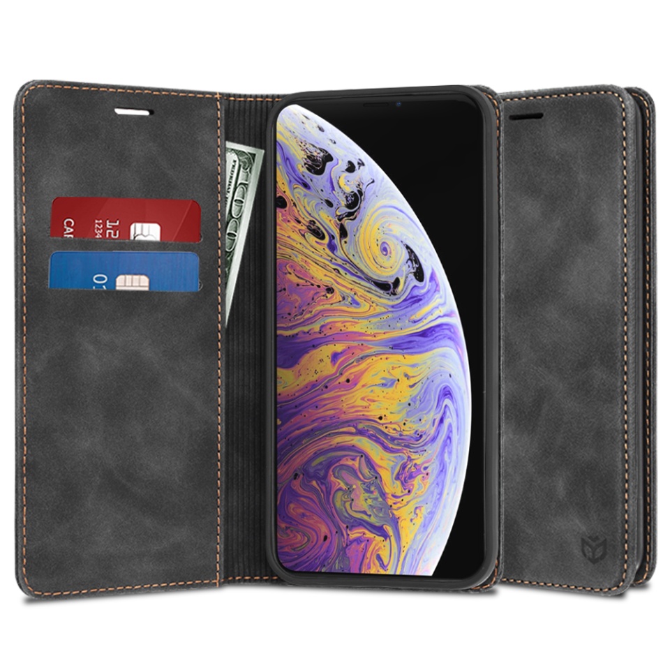 Husa pentru iPhone XS Max, SKYDDAR INNOVATION, Soft Wallet, tip Carte din piele Eco Premium, cu Portofel Interior, Negru, set cu sticker