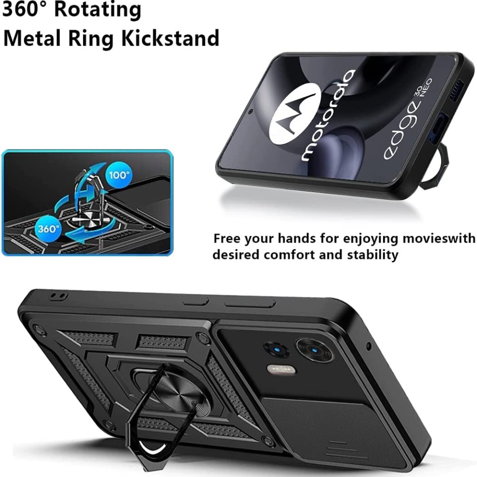 Husa pentru Motorola Edge 30 Neo, SKYDDAR INNOVATION, CamShield, Inel magnetic, set cu sticker, Negru - 6