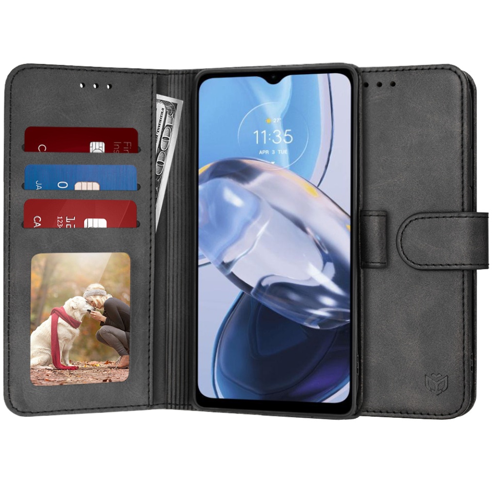 Husa pentru Motorola Moto E22 / Moto E22i, SKYDDAR INNOVATION, Diary Book, tip carte, cu Portofel Interior, Antisoc, Negru, set cu sticker