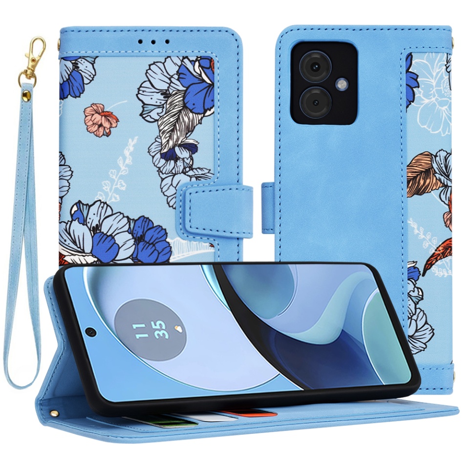 Husa pentru Motorola Moto G14 din Piele Ecologică cu Design Floral, Protecție 360°, Stand Integrat, Buzunare pentru Carduri, SKDR Floral Wallet - Bleu
