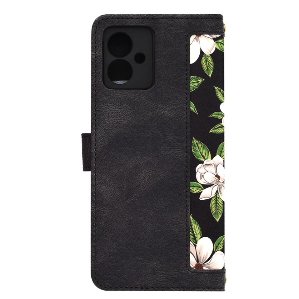 Husa pentru Motorola Moto G14 din Piele Ecologică cu Design Floral, Protecție 360°, Stand Integrat, Buzunare pentru Carduri, SKDR Floral Wallet - Negru - 3 | YEO