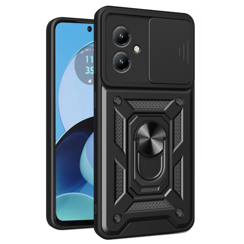 Husa pentru Motorola Moto G14, SKYDDAR INNOVATION, CamShield, Inel magnetic, set cu sticker, Negru