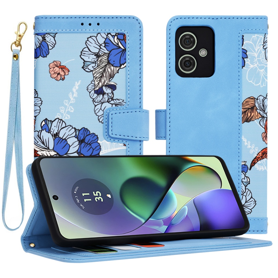 Husa pentru Motorola Moto G54 Power Edition / Moto G64 din Piele Ecologică cu Design Floral, Protecție 360°, Stand Integrat, Buzunare pentru Carduri, SKDR Floral Wallet - Bleu
