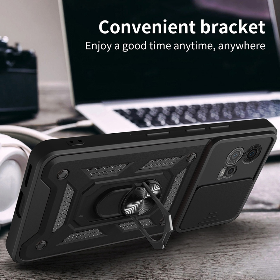 Husa pentru Motorola Moto G72, SKYDDAR INNOVATION, CamShield, Inel magnetic, set cu sticker, Negru - 1 | YEO