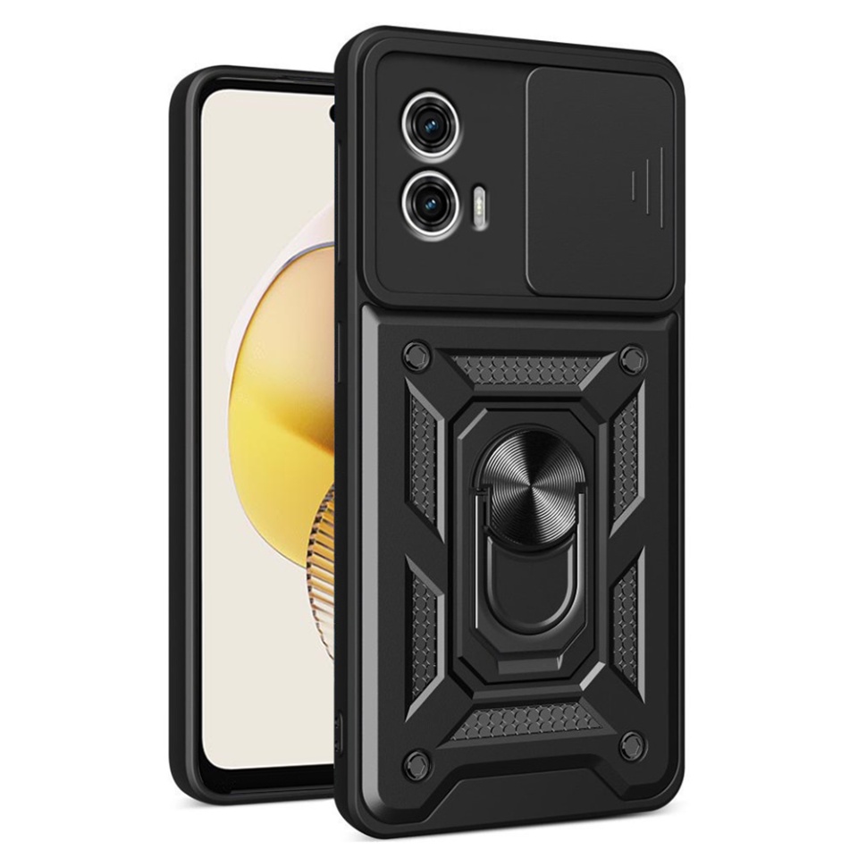 Husa pentru Motorola Moto G73, SKYDDAR INNOVATION, CamShield, Inel magnetic, set cu sticker, Negru
