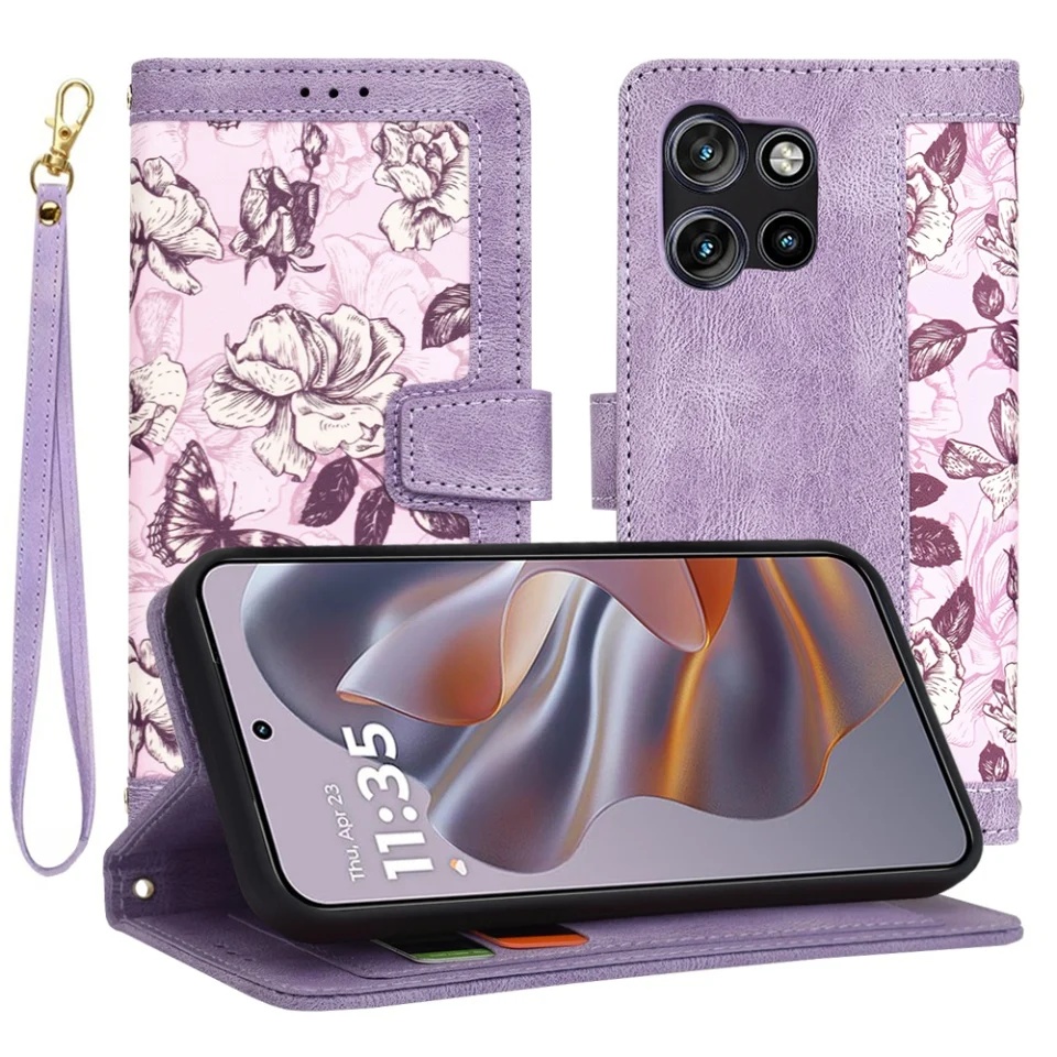 Husa pentru Motorola Moto G75 din Piele Ecologică cu Design Floral, Protecție 360°, Stand Integrat, Buzunare pentru Carduri, SKDR Floral Wallet - Mov - 1 | YEO