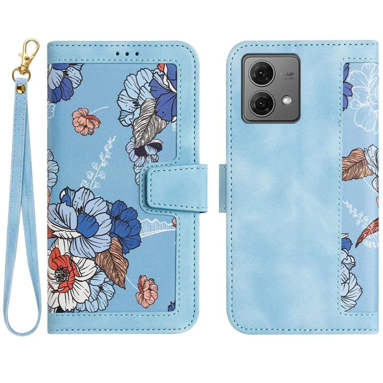 Husa pentru Motorola Moto G84 din Piele Ecologică cu Design Floral, Protecție 360°, Stand Integrat, Buzunare pentru Carduri, SKDR Floral Wallet - Bleu