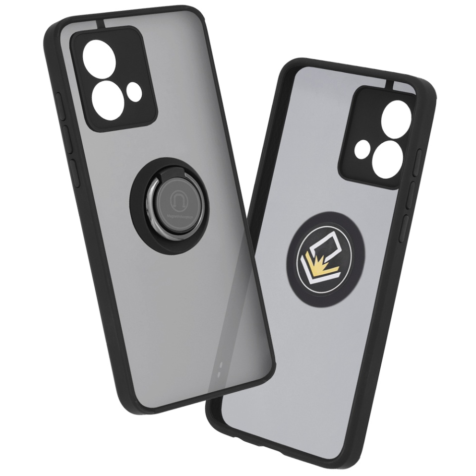 Husa pentru Motorola Moto G84, SKYDDAR INNOVATION, Glinth cu Inel Rotativ 360° Magnetic, Negru, set cu sticker