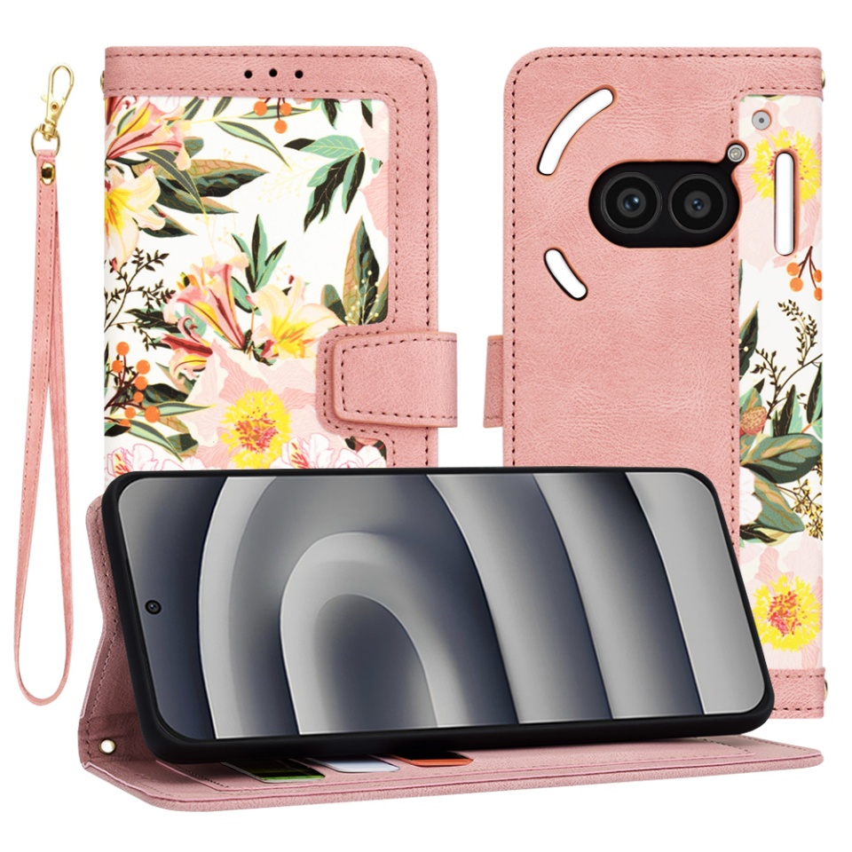Husa pentru Nothing Phone (2a) din Piele Ecologică cu Design Floral, Protecție 360°, Stand Integrat, Buzunare pentru Carduri, SKDR Floral Wallet - Roz