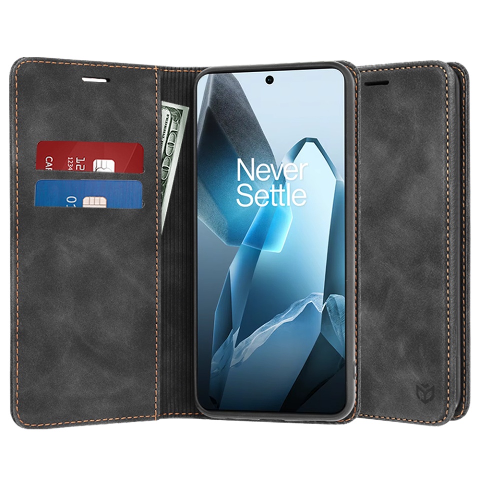 Husa pentru OnePlus 13, SKYDDAR INNOVATION, Soft Wallet, tip Carte din piele Eco Premium, cu Portofel Interior, Negru, set cu sticker
