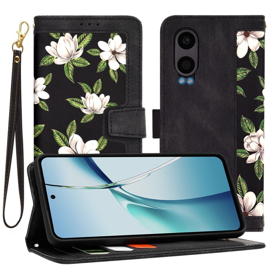 Husa pentru OnePlus Nord CE4 Lite din Piele Ecologică cu Design Floral, Protecție 360°, Stand Integrat, Buzunare pentru Carduri, SKDR Floral Wallet - Negru