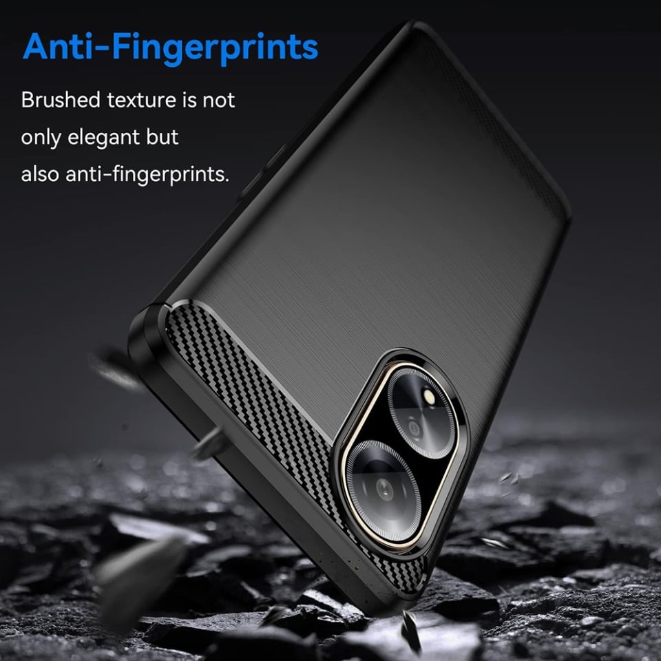 Husa pentru Oppo A98 5G, SKYDDAR INNOVATION, Carbon Silicone, din Silicon Slim, cu textura Fibra Carbon, set cu sticker, Negru - 1 | YEO