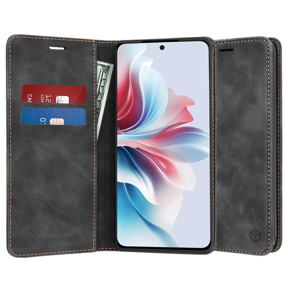 Husa pentru Oppo Reno11 F, SKYDDAR INNOVATION, Soft Wallet, tip Carte din piele Eco Premium, cu Portofel Interior, Negru, set cu sticker