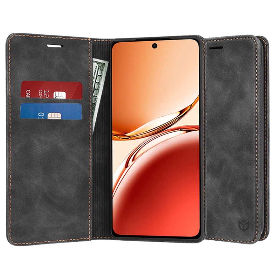 Husa pentru Oppo Reno12 F 5G / Reno12 FS 5G / Reno12 F 4G / Reno12 FS 4G, SKYDDAR INNOVATION, Soft Wallet, tip Carte din piele Eco Premium, cu Portofel Interior, Negru, set cu sticker