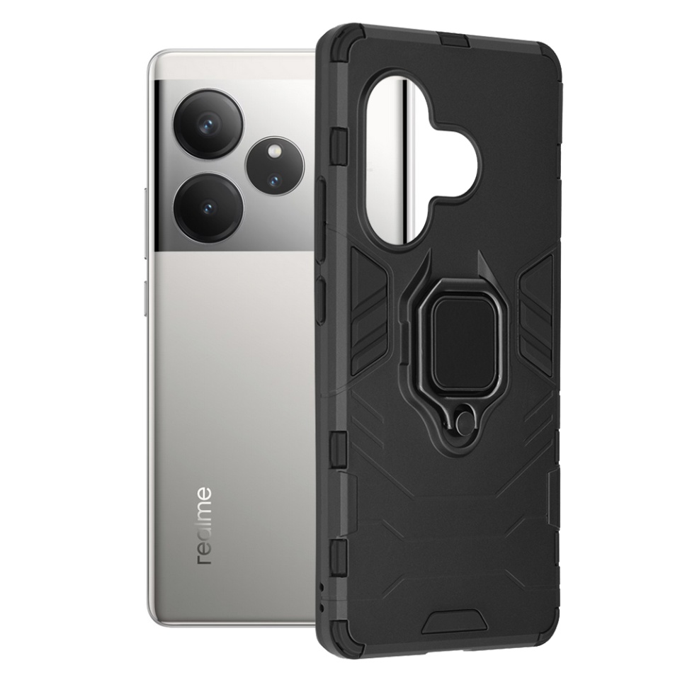 Husa pentru Realme GT 6 / GT 6T, SKYDDAR INNOVATION, Silicone Shield, cu Inel Magnetic, Antisoc, set cu sticker, Negru
