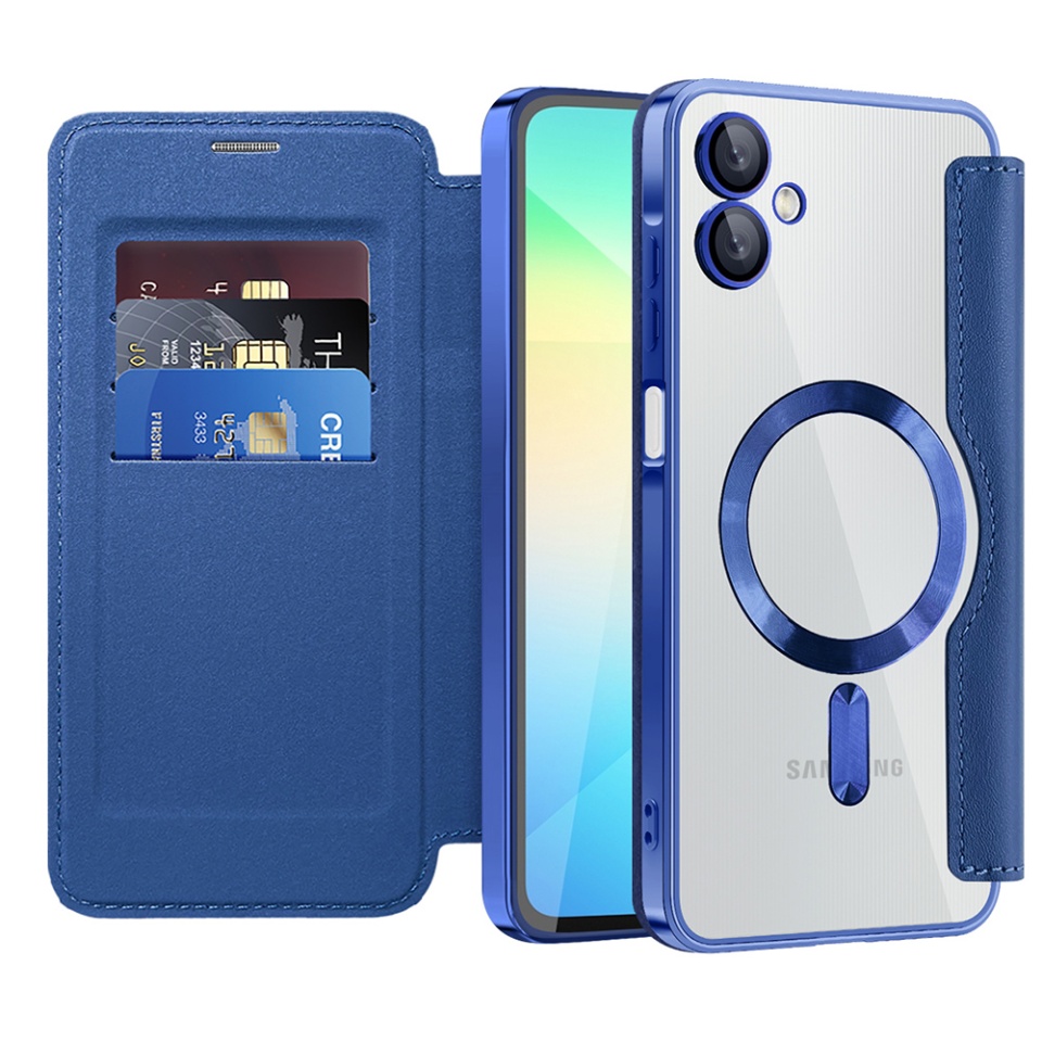 Husa pentru Samsung Galaxy A06 tip carte, SKYDDAR INOVATION, SmartMag Book, Magsafe, RFiD, Suport Carduri, set cu sticker, Albastru