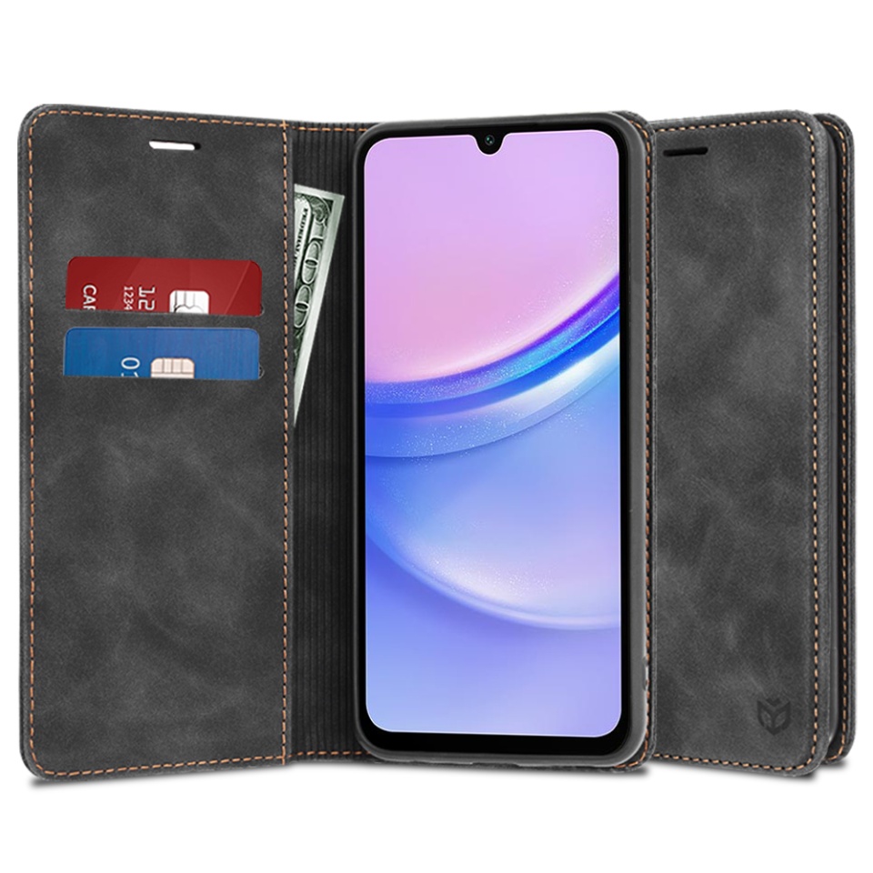 Husa pentru Samsung Galaxy A15 4G / Galaxy A15 5G, SKYDDAR INNOVATION, Soft Wallet, tip Carte din piele Eco Premium, cu Portofel Interior, Negru, set cu sticker