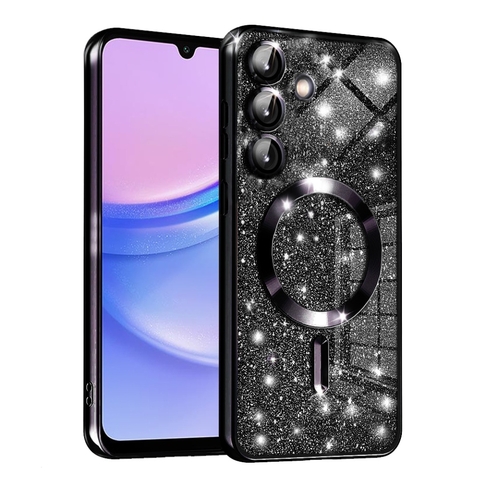 Husa pentru Samsung Galaxy A15 4G / Galaxy A15 5G, SKYDDAR INNOVATION, Luxury Glitter Magsafe, Antisoc, Fundal Detasabil 2-in-1, Margini Ridicate, set cu sticker, Negru