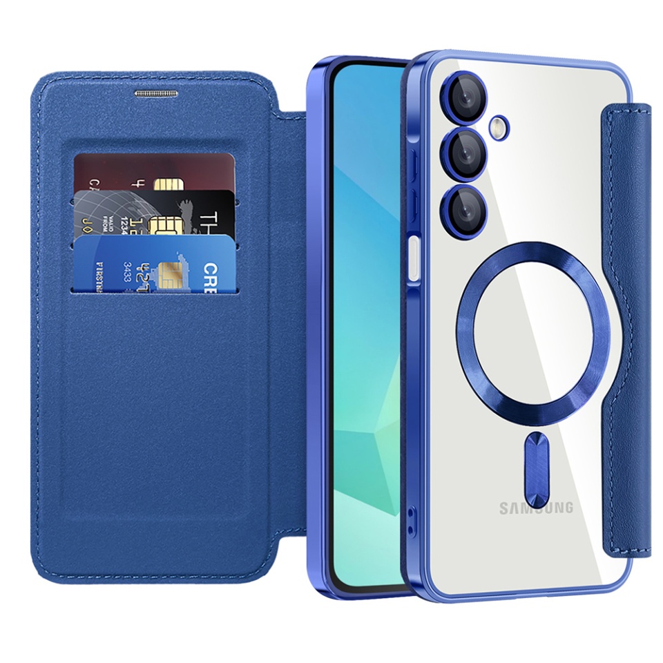 Husa pentru Samsung Galaxy A16 4G / Galaxy A16 5G tip carte, SKYDDAR INOVATION, SmartMag Book, Magsafe, RFiD, Suport Carduri, set cu sticker, Albastru