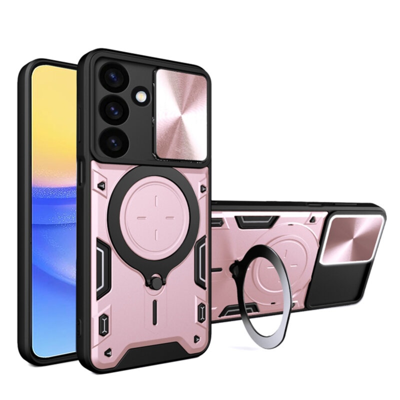 Husa pentru Samsung Galaxy A16, cu inel magnetic si suport ajustabil, protectie completa camera, SKDR SafeCover - Roz auriu