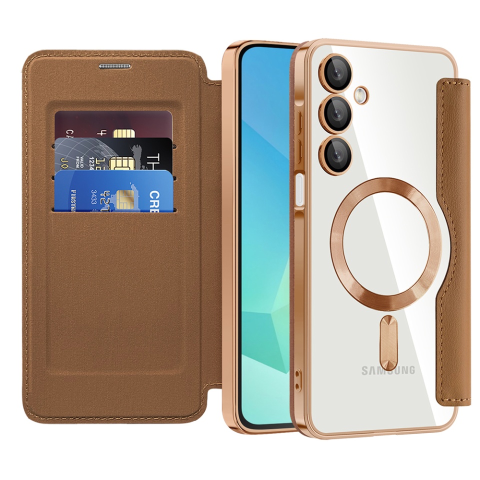 Husa pentru Samsung Galaxy A17 5G tip carte, SKYDDAR INOVATION, SmartMag Book, Magsafe, RFiD, Suport Carduri, set cu sticker, Maro