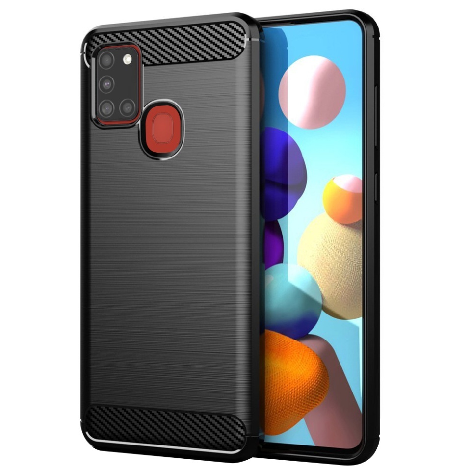 Husa pentru Samsung Galaxy A21s, SKYDDAR INNOVATION, Carbon Silicone, din Silicon Slim, cu textura Fibra Carbon, set cu sticker, Negru