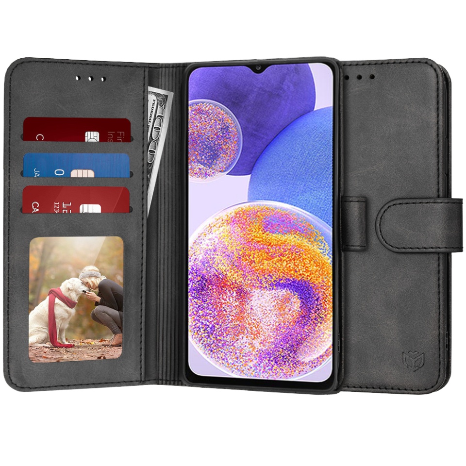 Husa pentru Samsung Galaxy A23 / Galaxy A23 5G, SKYDDAR INNOVATION, Diary Book, tip carte, cu Portofel Interior, Antisoc, Negru, set cu sticker