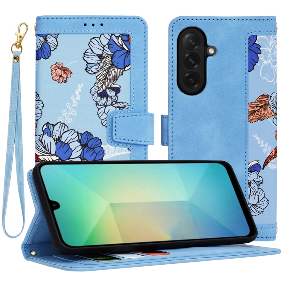 Husa pentru Samsung Galaxy A26 5G din Piele Ecologică cu Design Floral, Protecție 360°, Stand Integrat, Buzunare pentru Carduri, Floral Wallet - Bleu
