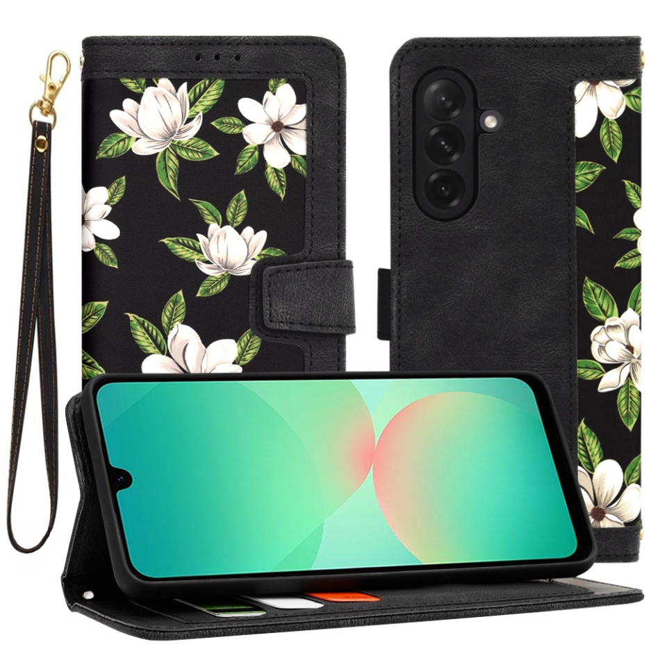 Husa pentru Samsung Galaxy A26 5G, SKYDDAR INNOVATION, Floral Wallet, din Piele Ecologică cu Design Floral, Protecție 360°, Stand Integrat, Buzunare pentru Carduri, Negru, set cu sticker