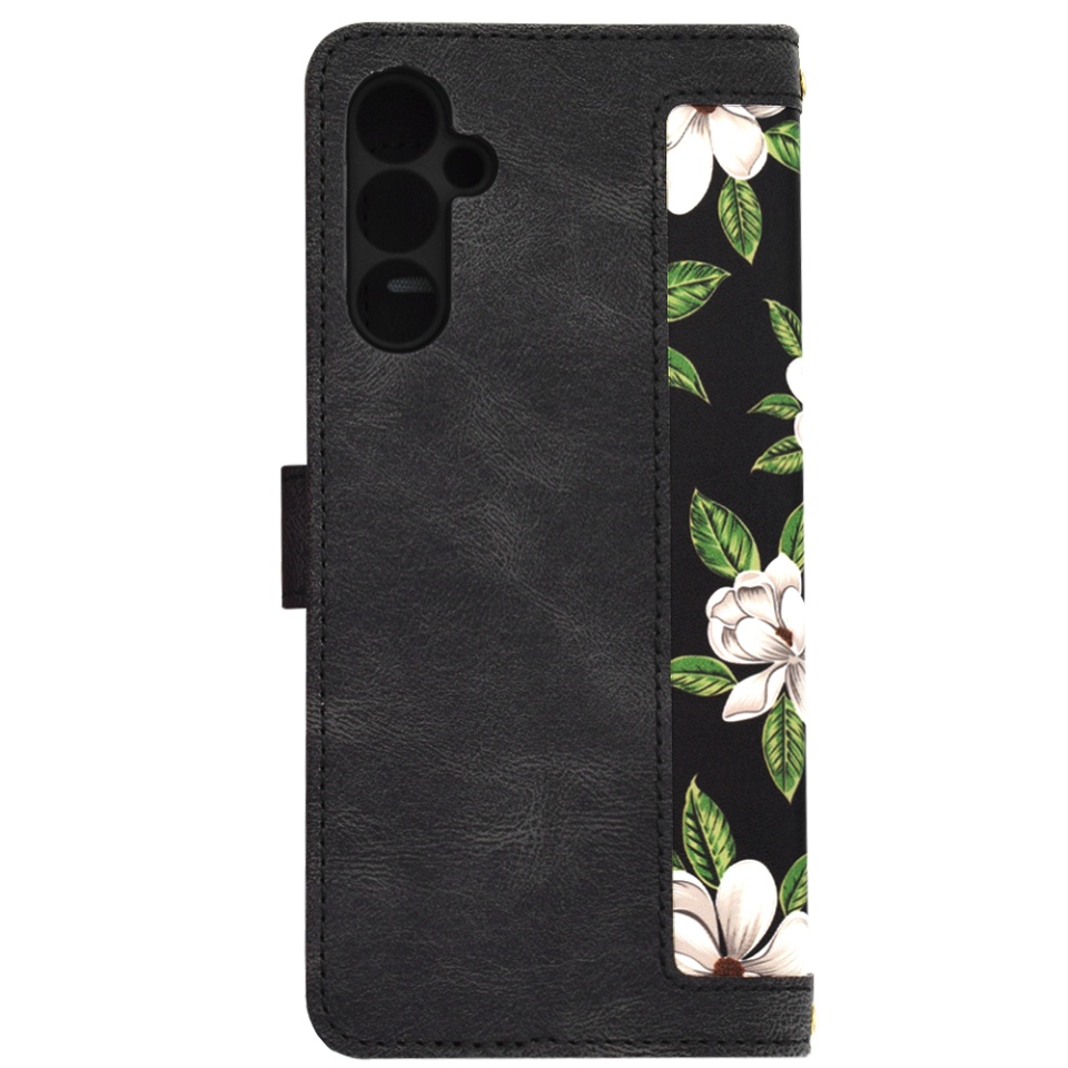Husa pentru Samsung Galaxy A34 5G din Piele Ecologică cu Design Floral, Protecție 360°, Stand Integrat, Buzunare pentru Carduri, SKDR Floral Wallet - Negru - 3 | YEO