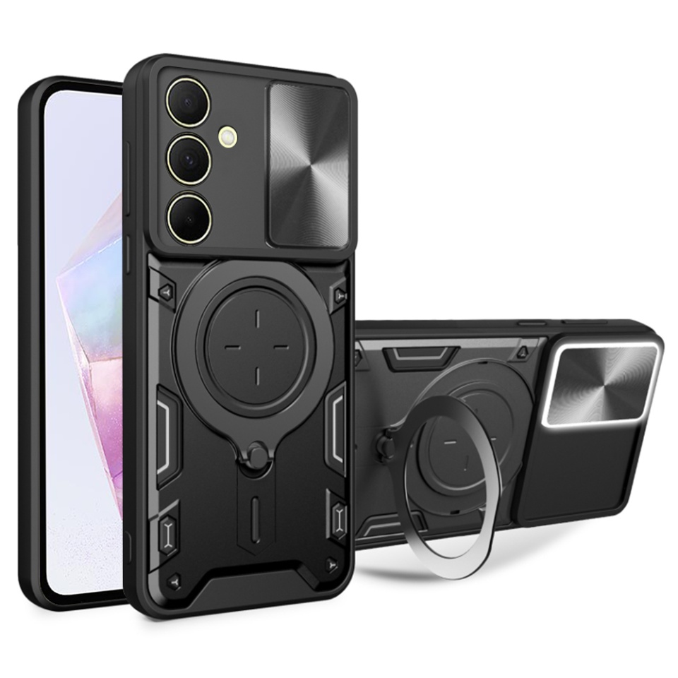 Husa pentru Samsung Galaxy A35 5G, SKYDDAR INNOVATION, CamGuard Pro, Inel Magnetic, Protectie Camera, set cu sticker, Negru