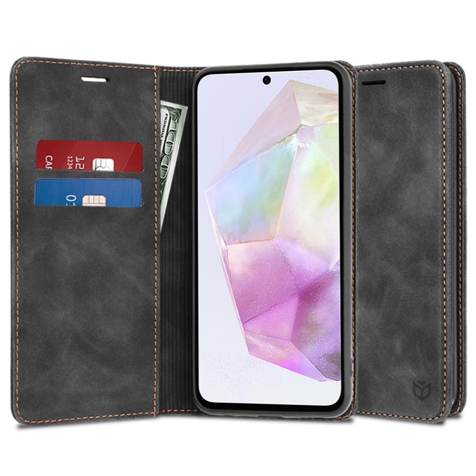 Husa pentru Samsung Galaxy A35 5G, SKYDDAR INNOVATION, Soft Wallet, tip Carte din piele Eco Premium, cu Portofel Interior, Negru, set cu sticker
