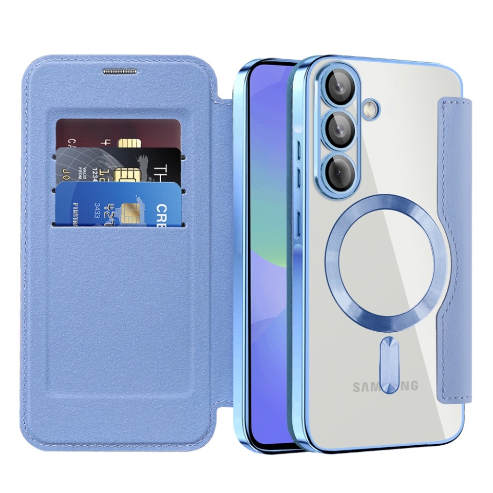 Husa pentru Samsung Galaxy A36 5G tip carte, SKYDDAR INOVATION, SmartMag Book, Magsafe, RFiD, Suport Carduri, set cu sticker, Bleu