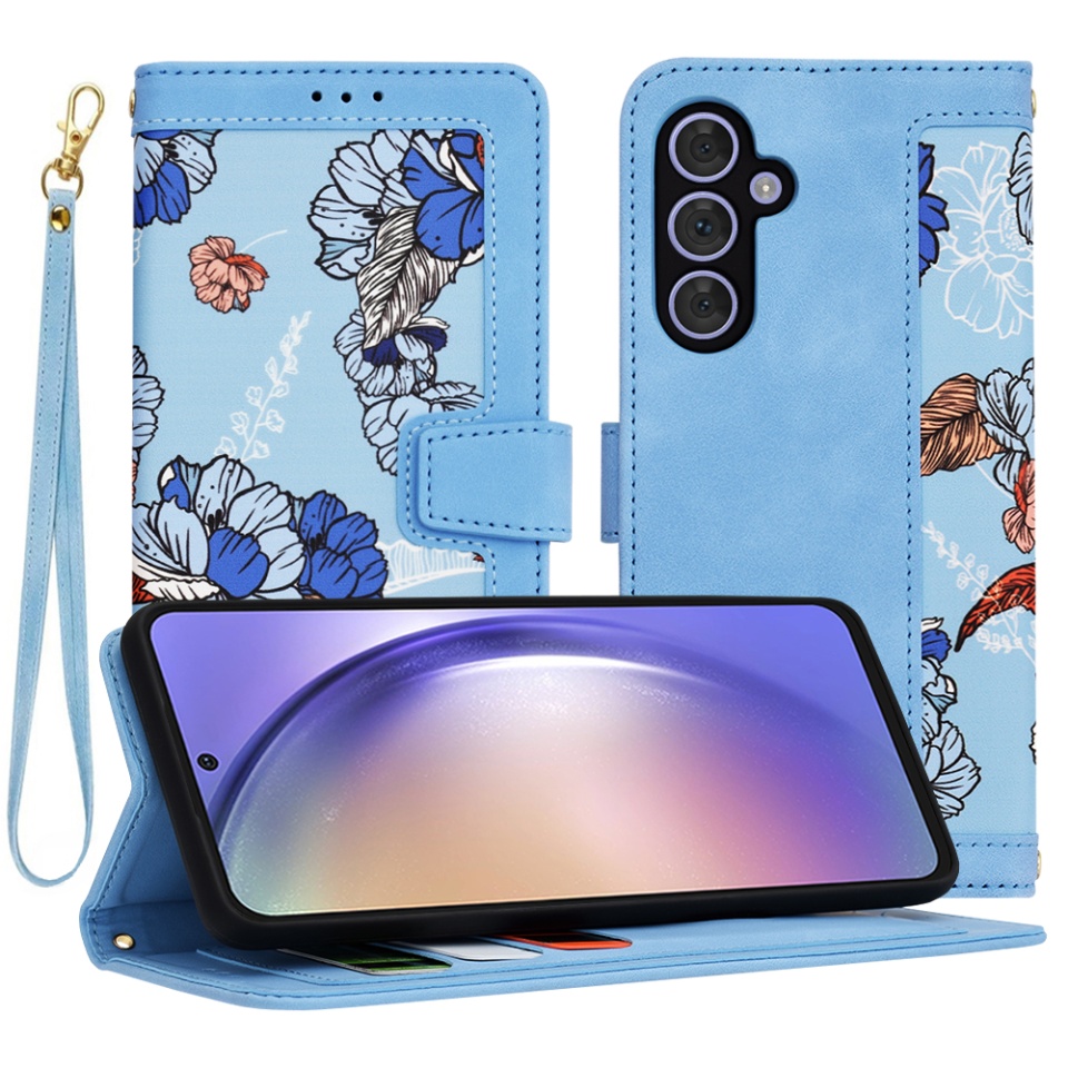 Husa pentru Samsung Galaxy A54 din Piele Ecologică cu Design Floral, Protecție 360°, Stand Integrat, Buzunare pentru Carduri, SKDR Floral Wallet - Bleu