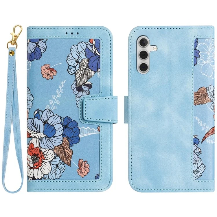 Husa pentru Samsung Galaxy A55 5G din Piele Ecologică cu Design Floral, Protecție 360°, Stand Integrat, Buzunare pentru Carduri, SKDR Floral Wallet - Bleu
