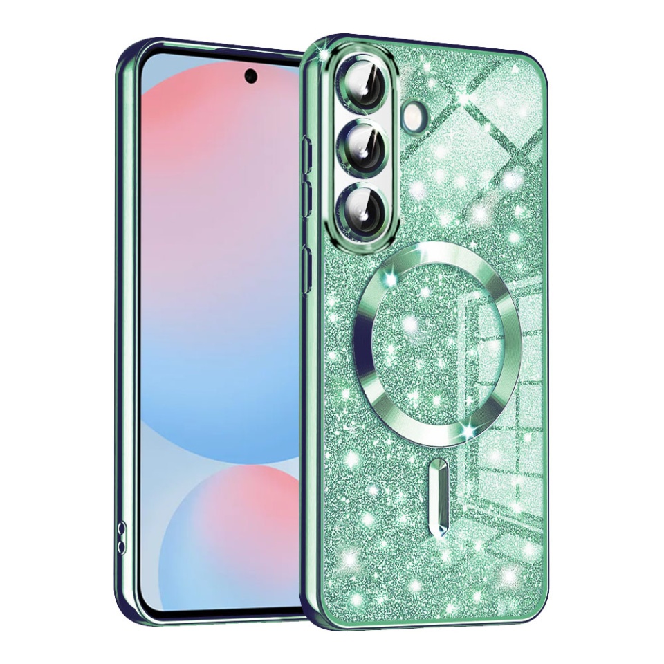 Husa pentru Samsung Galaxy A56 5G, SKYDDAR INNOVATION, Luxury Glitter Magsafe, Antisoc, Fundal Detasabil 2-in-1, Margini Ridicate, set cu sticker, Verde deschis