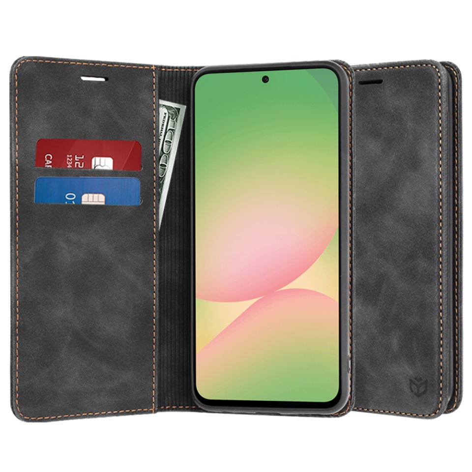 Husa pentru Samsung Galaxy A56 5G, SKYDDAR INNOVATION, Soft Wallet, tip Carte din piele Eco Premium, cu Portofel Interior, Negru, set cu sticker